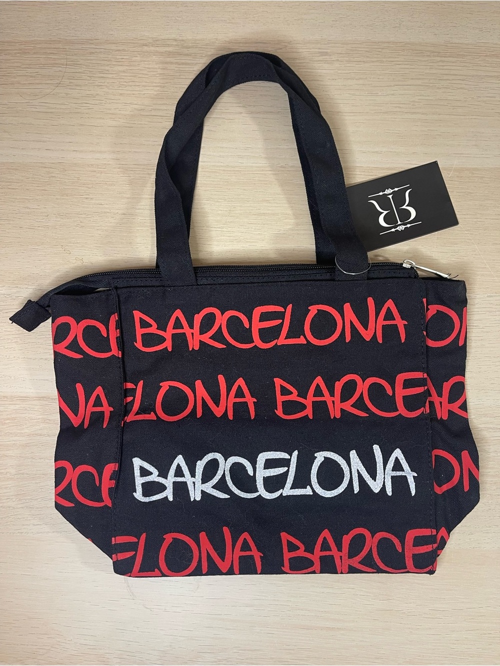 Robin Ruth Black Canvas Tote with Red & White Barcelona Script